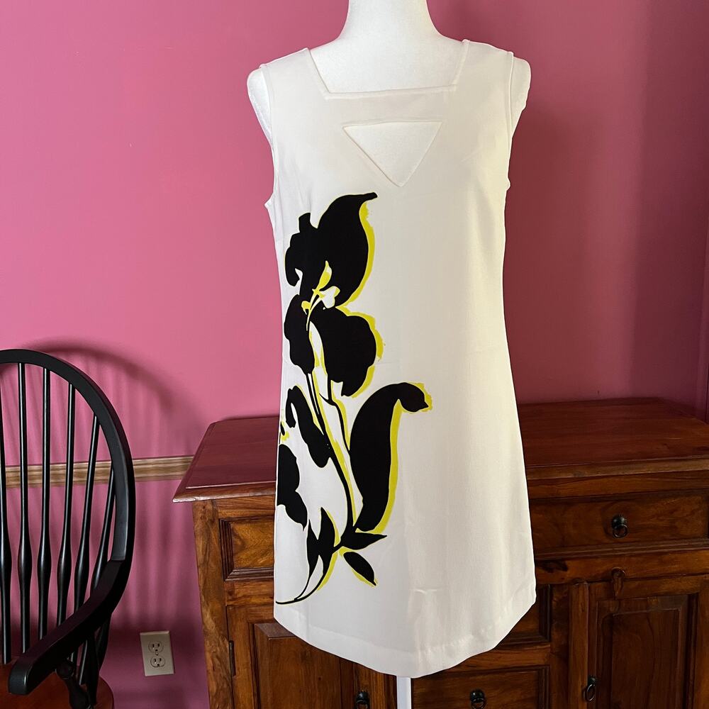 Vtg Banana Republic Floral Shift Dress White Black 90s Minimalist 6 Euro Summer
